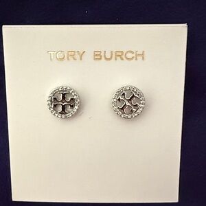 Tory Burch Silver Logo Stud Earrings